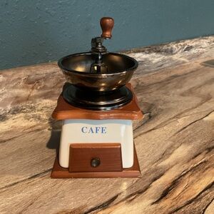 Vintage Cafe COFFEE GRINDER Mill Blue & White Porcelain Metal & Wood ~